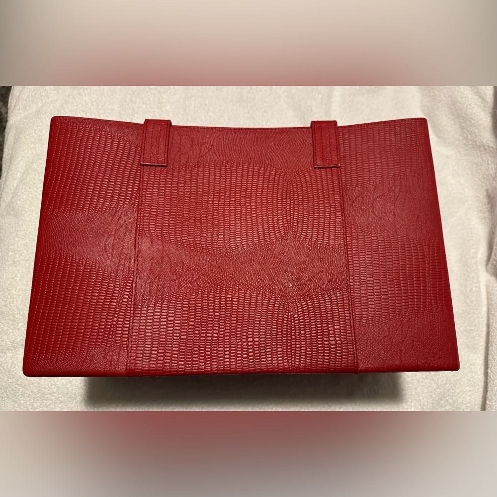 Red Croc Texture Rectangular Tote With Handles & … - image 2
